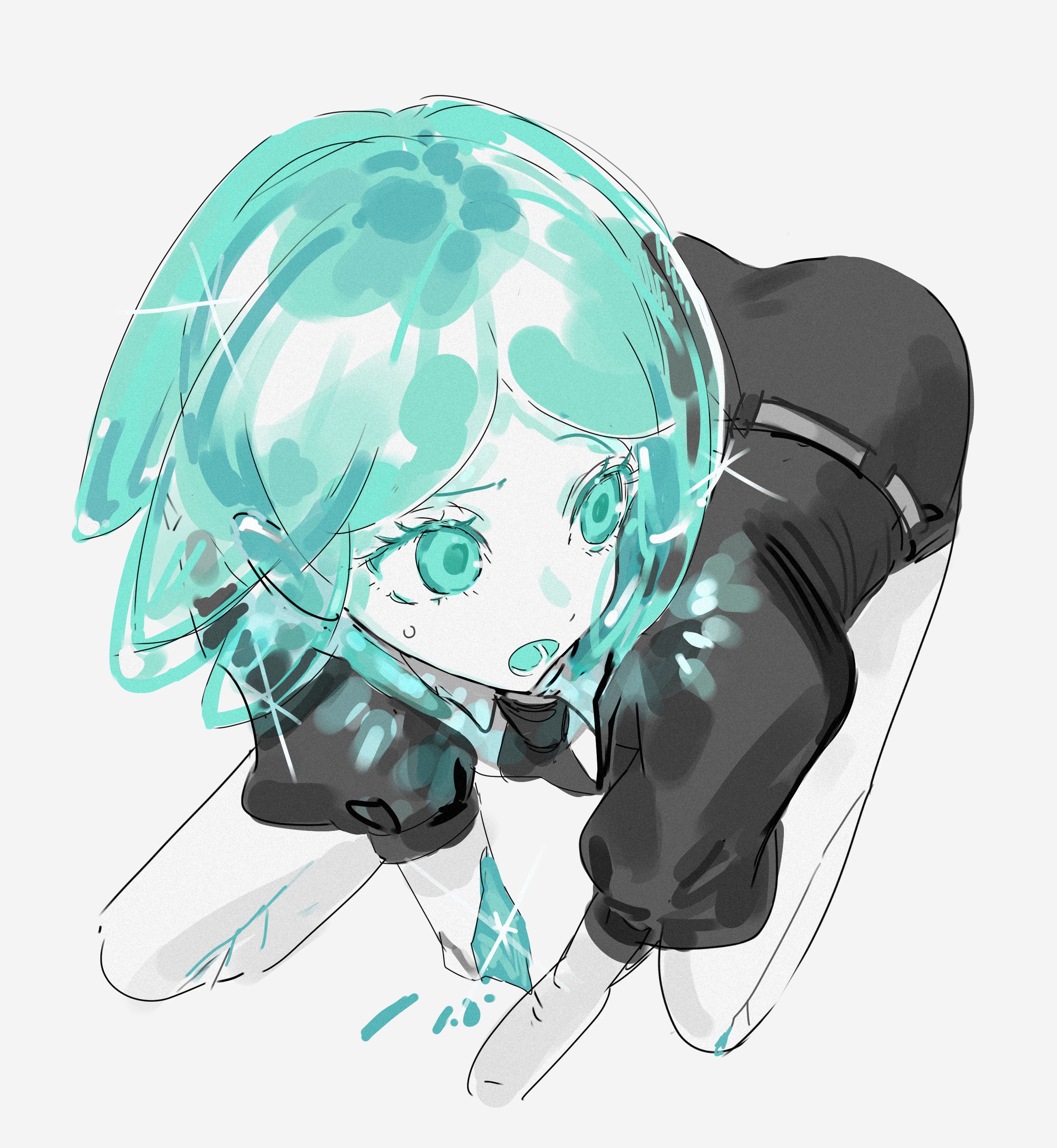 phosphophyllite, houseki no kuni, shining, absurdres, highres, 1other, androgynous, black necktie, colored skin, gem uniform (houseki no kuni), green eyes, green hair, looking to the side, necktie, on floor, open mouth, raised eyebrow, shattered, shirt, short hair, solo, sweatdrop, uneri tokidoki, white shirt
