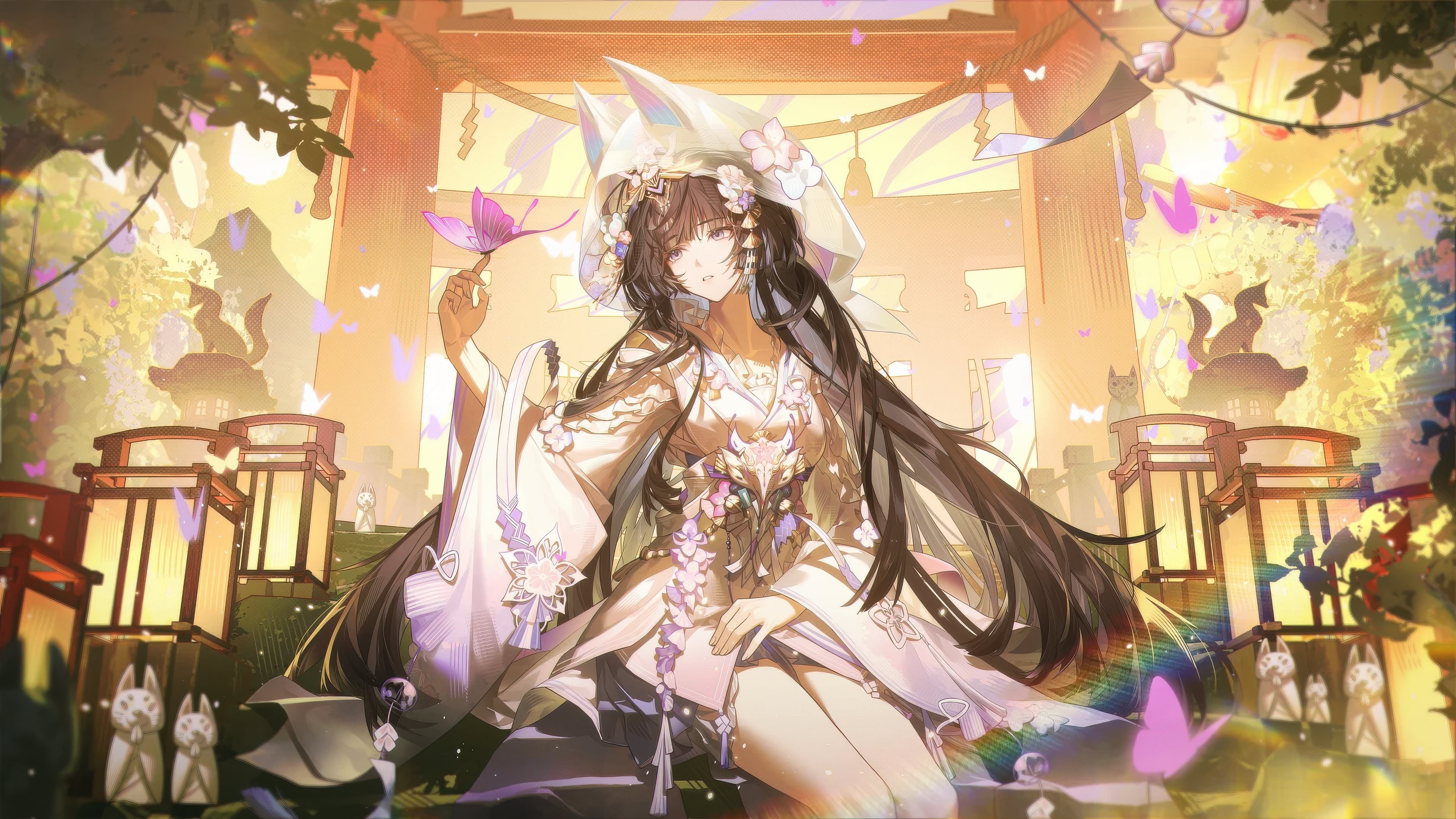 selena: pianissimo (pgr), selena (pgr), punishing: gray raven, absurdres, highres, official art, 1girl, alternate costume, bare legs, black hair, blunt bangs, bug, butterfly, insect, japanese clothes, kimono, lantern, lens flare, long hair, official alternate costume, paper lantern, purple eyes, see-through hood, shiromuku, sitting, torii, uchikake, very long hair