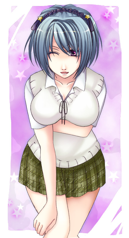 yuu (yu-ra), kurono kurumu, rosario+vampire, bad id, bad pixiv id, 00s, blue hair, breasts, demon girl, hairband, large breasts, purple eyes, school uniform, serafuku, solo, sweater
