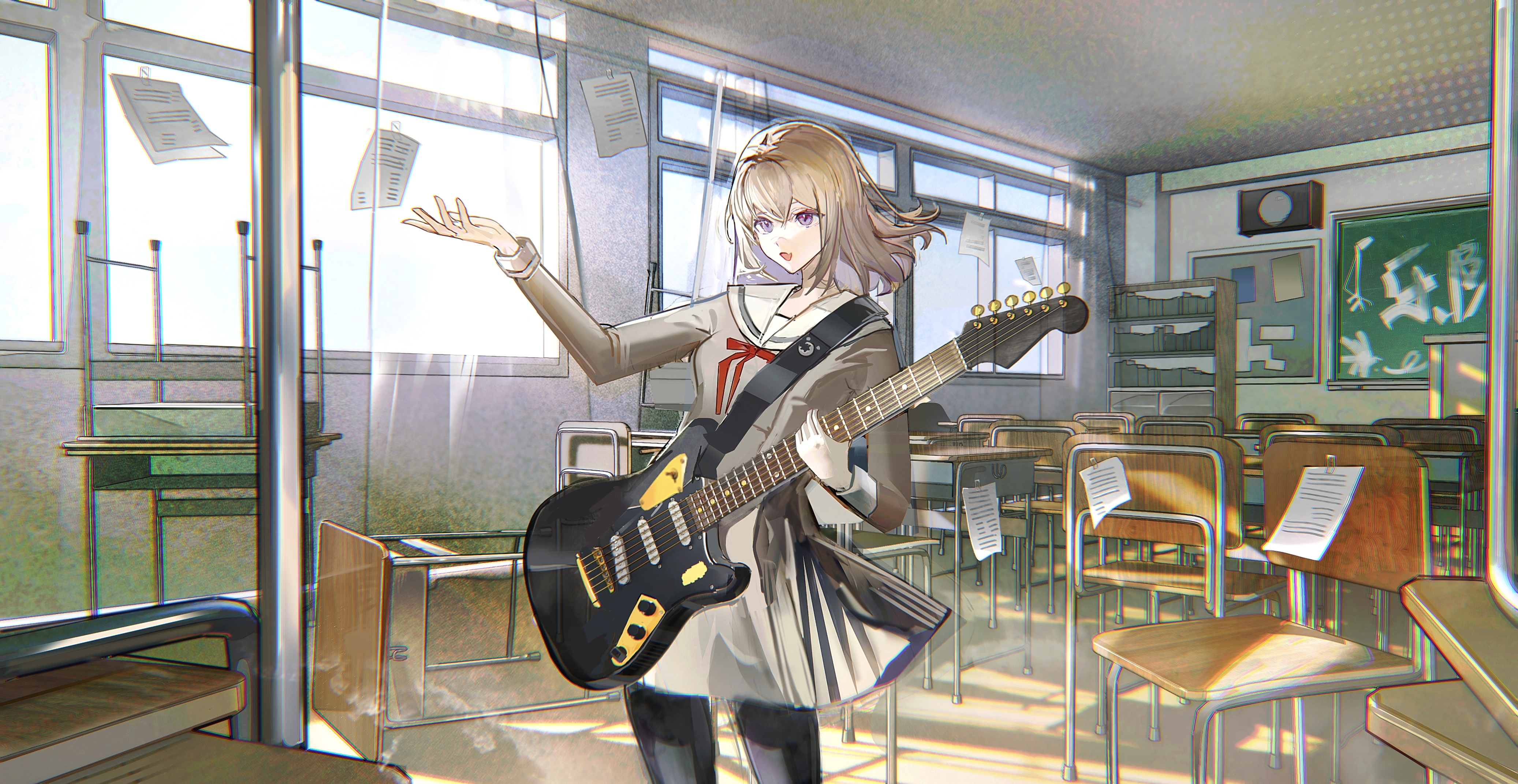 you zhiqi de, misumi uika, bang dream!, bang dream! it's mygo!!!!!, absurdres, highres, 1girl, black pantyhose, blonde hair, brown dress, chair, chalkboard, chromatic aberration, classroom, cowboy shot, desk, dress, guitar, hanasakigawa school uniform, hand up, holding, holding guitar, holding instrument, indoors, instrument, long sleeves, medium hair, neck ribbon, open mouth, pantyhose, paper, purple eyes, red ribbon, ribbon, sailor dress, school, school chair, school desk, school uniform, solo, standing, window, winter uniform
