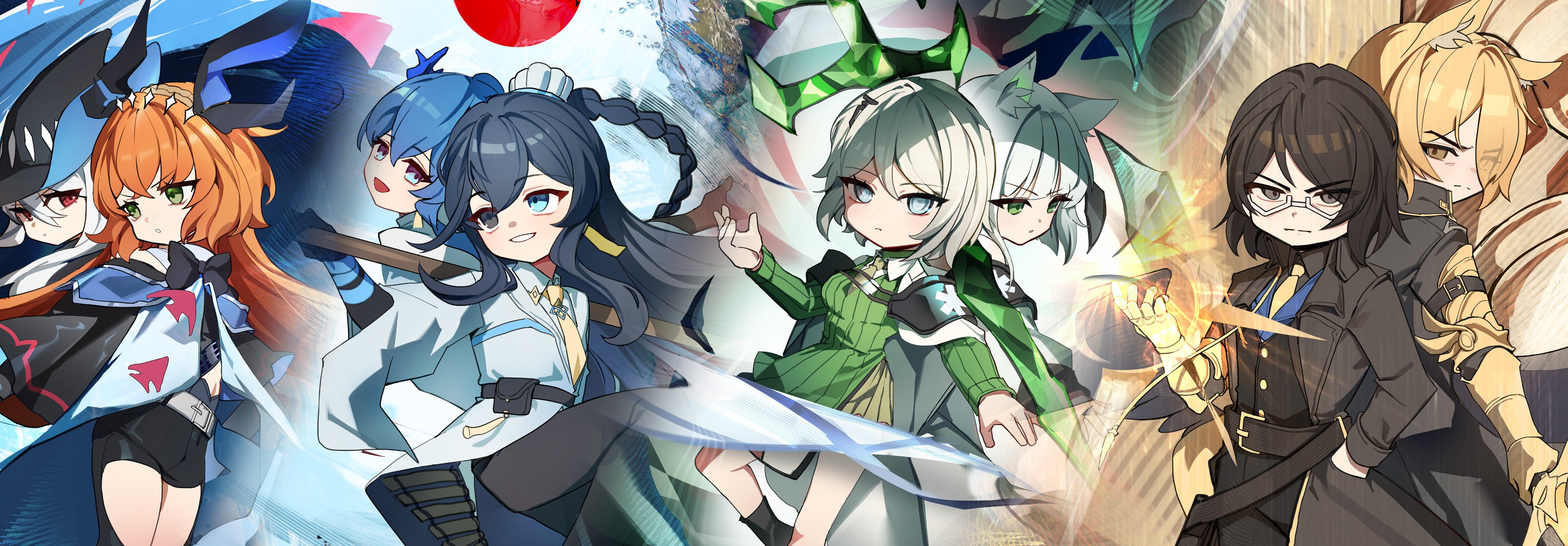 durante namsa, faust (project moon), gregor (project moon), hong lu (project moon), ishmael (project moon), kal'tsit (arknights), ling (arknights), mlynar (arknights), mon3tr (arknights), mon3tr (summon) (arknights), skadi (arknights), arknights, limbus company, project moon, absurdres, highres, 3boys, 5girls, :d, animal ear fluff, animal ears, aqua eyes, back-to-back, belt, black boots, black bow, black bowtie, black capelet, black eyes, black gloves, black hair, black hat, black pants, blonde hair, blue eyes, blue hair, blue shirt, boots, bow, bowtie, braid, breasts, brown coat, brown eyes, brown hair, brown pants, brown shirt, brown vest, capelet, cat ears, cat girl, closed mouth, clothing cutout, coat, collared shirt, command:meltdown (e.g.o), cosplay, crossed bangs, crossover, double-parted bangs, dragon horns, dress, e.g.o (project moon), earrings, eastern dragon horns, gauntlets, gloves, green dress, green eyes, hair between eyes, hand up, hat, heterochromia, holding, holding polearm, holding sword, holding weapon, horns, horse boy, horse ears, jewelry, kal'tsit (arknights) (cosplay), large breasts, ling (arknights) (cosplay), long hair, long sleeves, looking at another, looking at viewer, looking to the side, low twintails, medium hair, mlynar (arknights) (cosplay), multiple boys, multiple girls, navel cutout, necktie, ofuda earrings, open mouth, orange hair, pants, parted lips, polearm, red eyes, semi-rimless eyewear, shirt, short dress, single braid, single gauntlet, skadi (arknights) (cosplay), smile, star of life, sweater, sweater dress, sword, sword on back, thigh cutout, tidal elegy (e.g.o), twintails, unbrilliant glory (e.g.o), very long hair, vest, weapon, weapon on back, white-framed eyewear, white belt, white coat, white hair, white shirt, wide sleeves, yellow eyes, yellow necktie, zweihander