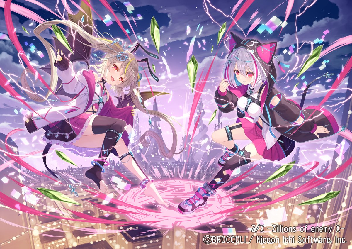 tadokoro teppei, z/x, official art, 2girls, animal ear hood, animal ears, aqua hair, bare shoulders, barefoot, bat wings, black jacket, blonde hair, chest strap, cityscape, copyright notice, electricity, fake animal ears, fang, gem, green gemstone, grey hair, hair ornament, hastur (z/x), hood, hooded jacket, jacket, long hair, magic circle, multicolored hair, multicolored shoes, multiple girls, open clothes, open jacket, open mouth, pink hair, pink jacket, pink skirt, rabbit ears, shirt, short hair, single thighhigh, skirt, thighhighs, tongue, tongue out, twintails, very long hair, white mouth, white shirt, wings, yato urara