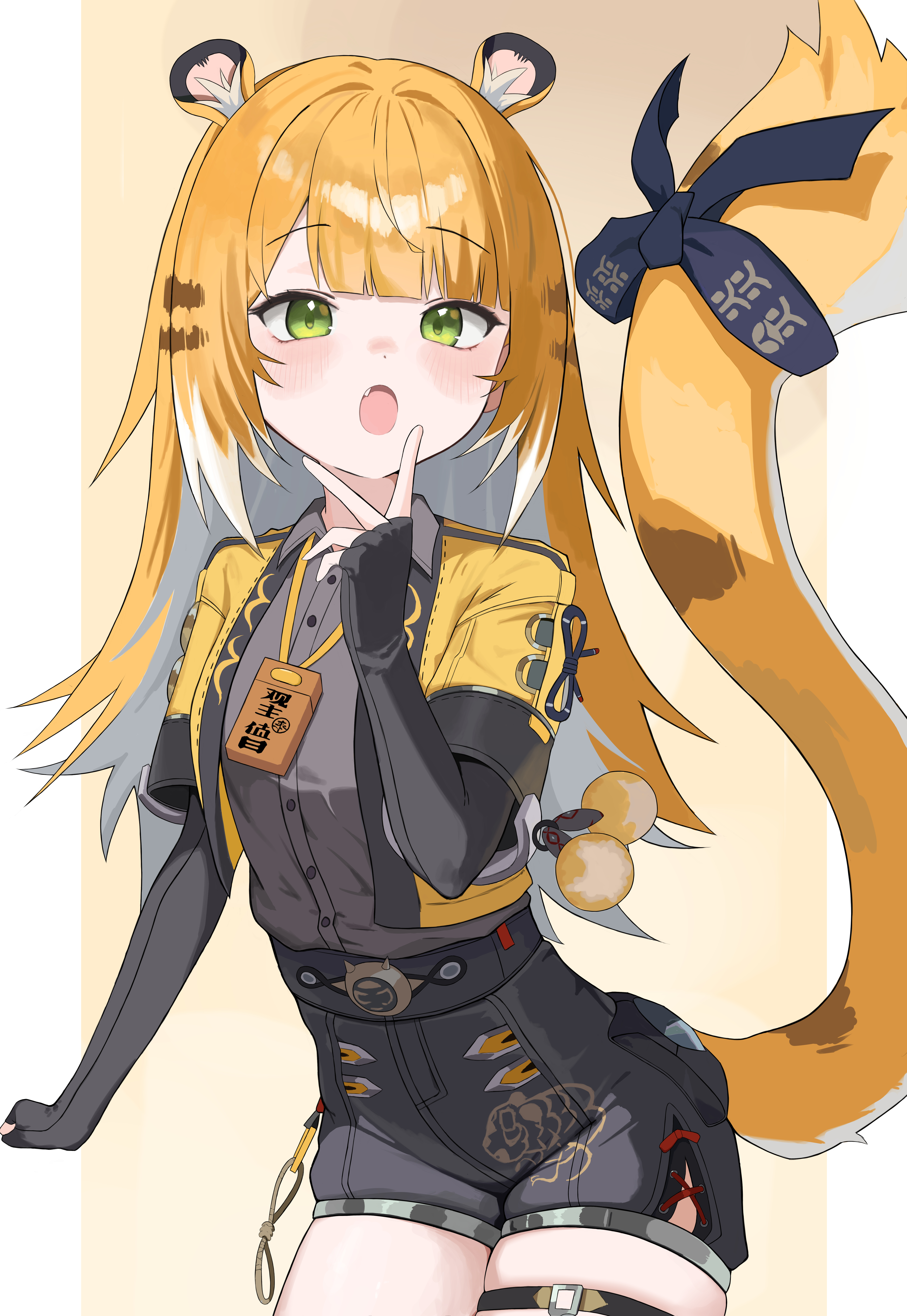 ju fufu, zenless zone zero, absurdres, highres, 1girl, animal ear fluff, animal ears, blonde hair, colored inner hair, fingerless gloves, gloves, green eyes, jacket, long hair, looking at viewer, multicolored hair, open mouth, shirt, shorts, solo, tail, thigh strap, tiger ears, tiger girl, tiger tail, user vrtd3254, white hair