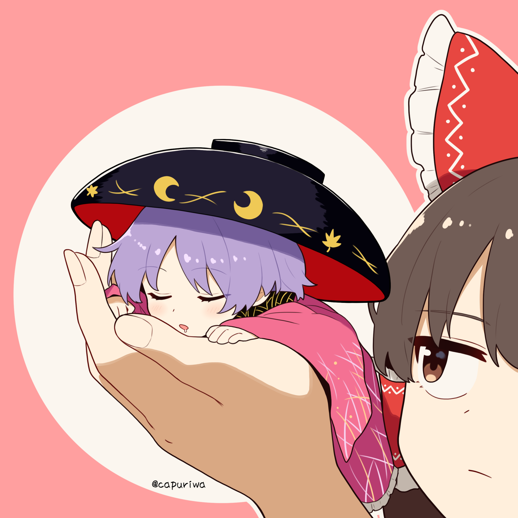 kapuri (capuriwa), hakurei reimu, sukuna shinmyoumaru, touhou, commentary, highres, 2girls, blush, bow, bowl, bowl hat, brown hair, closed eyes, closed mouth, frilled bow, frilled hair tubes, frills, hair bow, hair tubes, hat, japanese clothes, kimono, long hair, long sleeves, mini person, minigirl, multiple girls, open mouth, person on hand, pink kimono, purple hair, red bow, red eyes, short hair, sleeping, twitter username, wide sleeves
