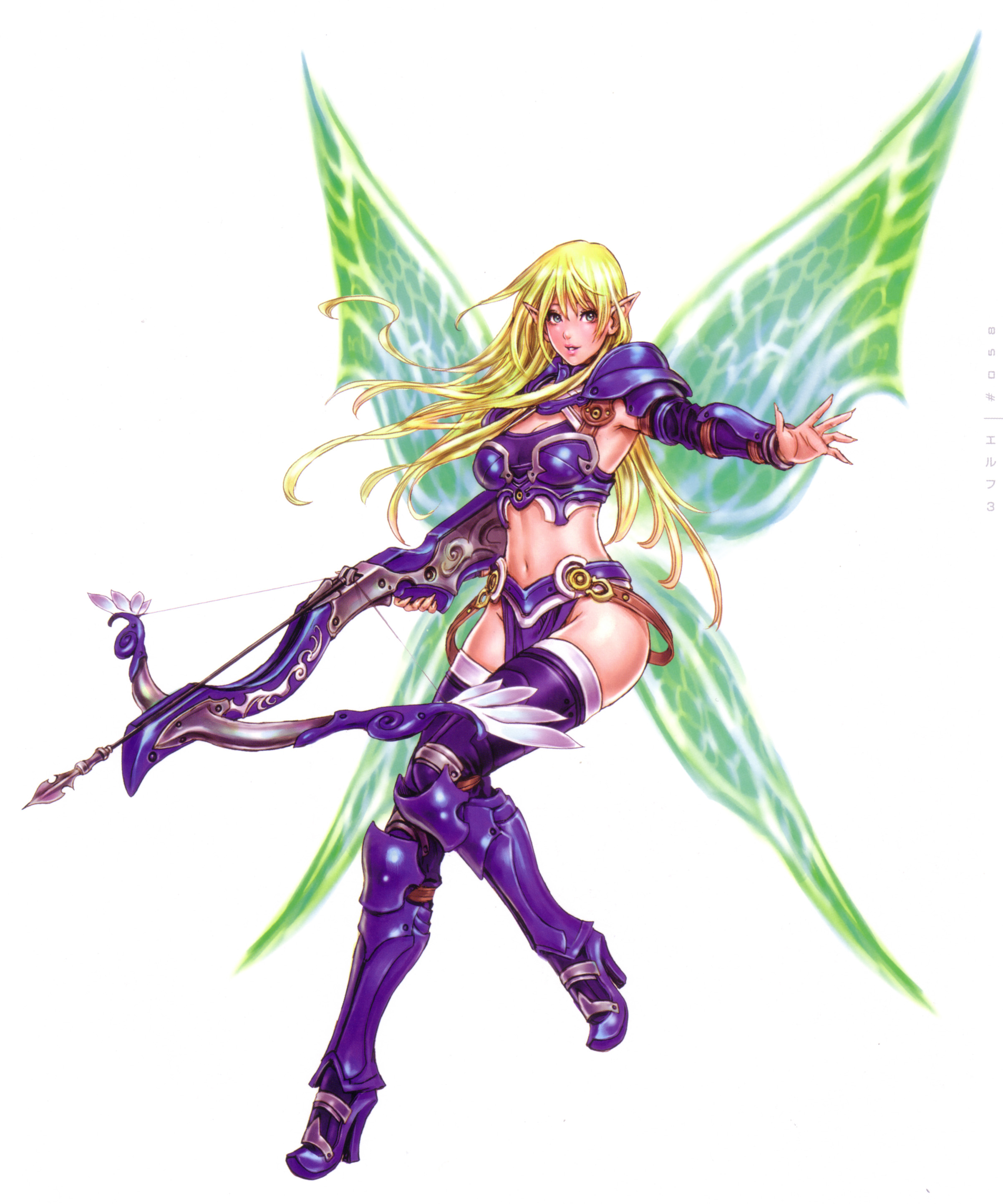 yamashita shun'ya, mu online, wild flower, absurdres, highres, non-web source, scan, 1girl, armor, armpits, bikini armor, blonde hair, blue eyes, boots, bow (weapon), butterfly wings, crossbow, elf, female focus, fingernails, high heels, insect wings, knee boots, lipstick, loincloth, long fingernails, long hair, makeup, midriff, nail (hardware), no panties, pelvic curtain, pointy ears, shoes, smile, solo, strap, thighhighs, weapon, wings