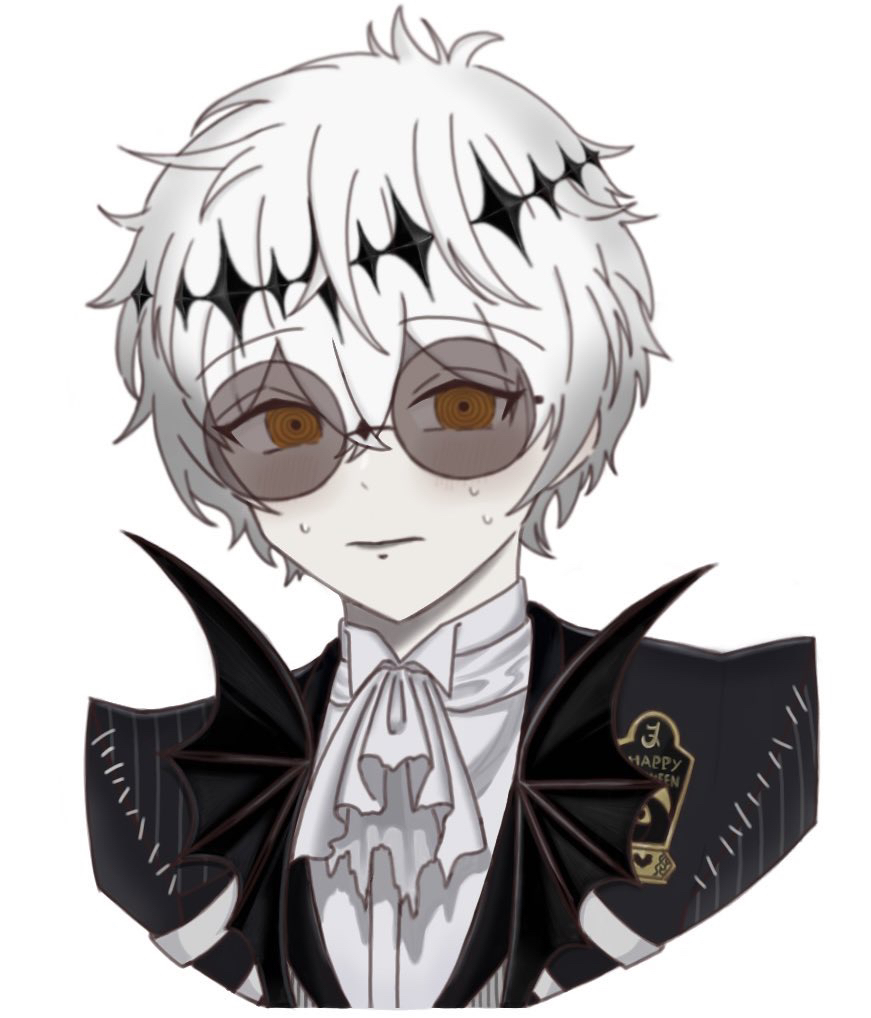 skully j. graves, the nightmare before christmas, twisted wonderland, 1boy, black crown, crown, formal clothes, gloves, halloween, jacket, long sleeves, looking at viewer, male focus, pinstripe pattern, pinstripe suit, round eyewear, short hair, smile, solo, striped clothes, striped jacket, suit, sunglasses, user xzpp7744, white hair
