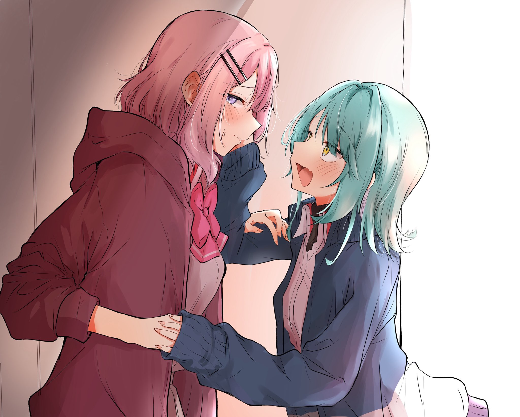 amaori renako, koyanagi kaho, watashi ga koibito ni nareru wake naijan murimuri!, commentary, hashtag-only commentary, highres, 2girls, blue hair, blue jacket, blush, bow, bowtie, closed mouth, collared shirt, fang, hand on another's arm, hand on another's face, holding hands, jacket, looking at another, medium hair, multiple girls, nuooooodoomo, open mouth, pink bow, pink bowtie, pink hair, pink jacket, purple eyes, school uniform, shirt, skin fang, smile, sweat, white shirt, yellow eyes, yuri