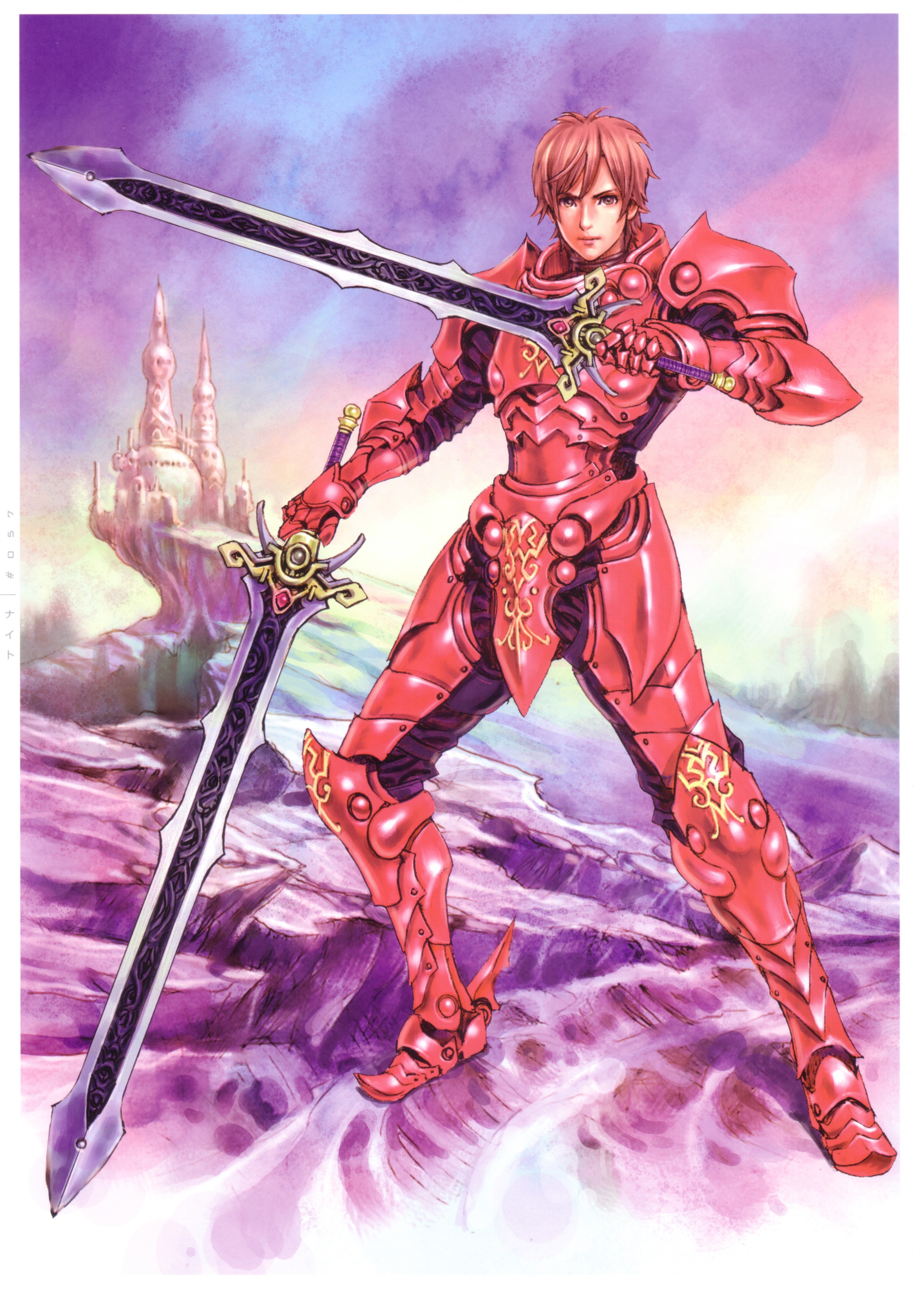 yamashita shun'ya, dark knight (mu online), mu online, wild flower, absurdres, highres, non-web source, scan, 1boy, armor, boots, brown eyes, brown hair, castle, dual wielding, fantasy, full body, holding, male focus, outdoors, sky, solo, standing, sword, weapon