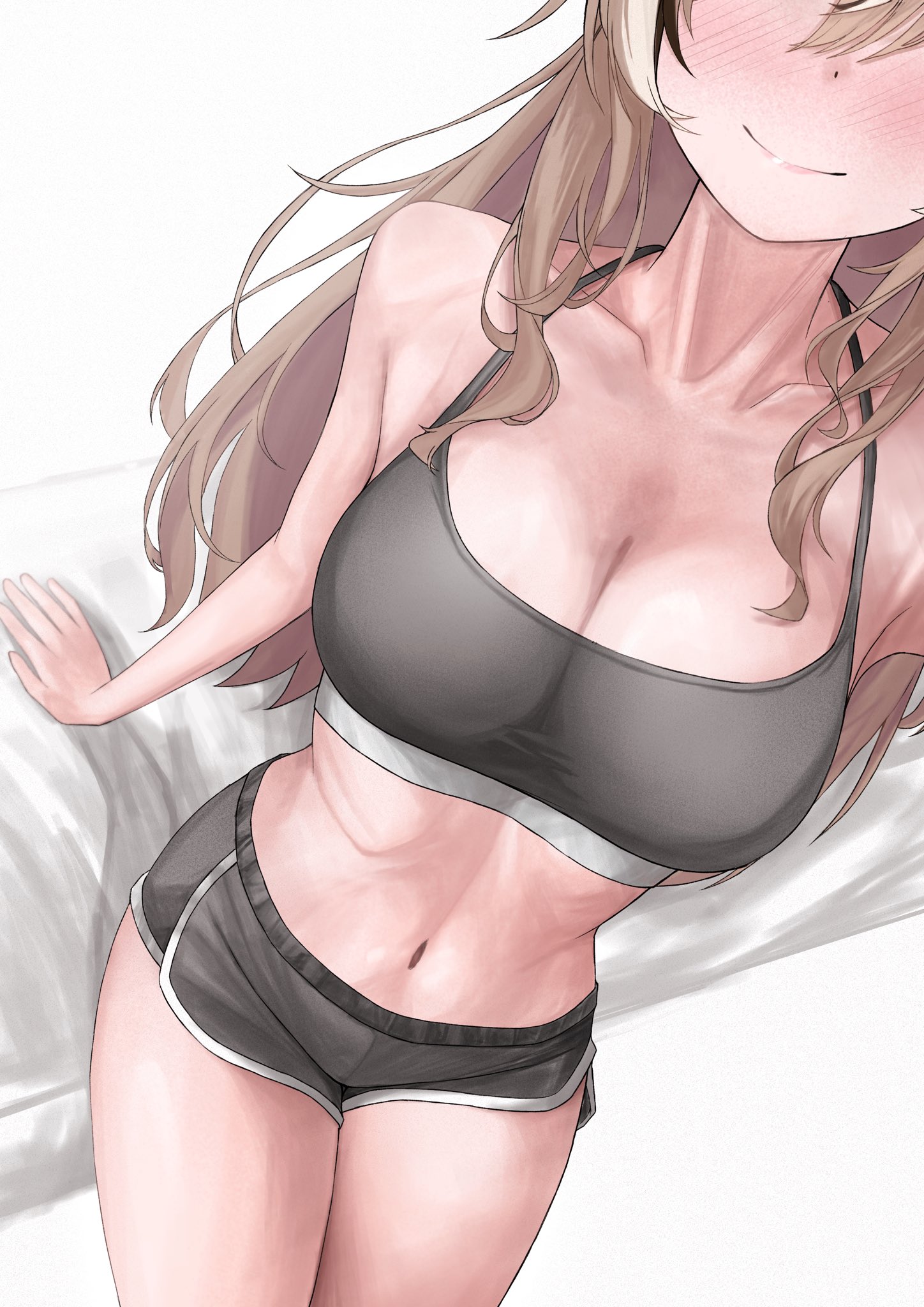 unmeidesu, nanashi mumei, hololive, hololive english, commentary, english commentary, highres, 1girl, bare shoulders, black hair, blush, bra, breasts, brown hair, cleavage, collarbone, cowboy shot, dolphin shorts, eyes out of frame, grey bra, grey shorts, head out of frame, holding, holding towel, medium breasts, midriff, multicolored hair, navel, perspective, ribs, short shorts, shorts, simple background, smile, sports bra, streaked hair, thighs, towel, underwear, virtual youtuber, white background, white hair