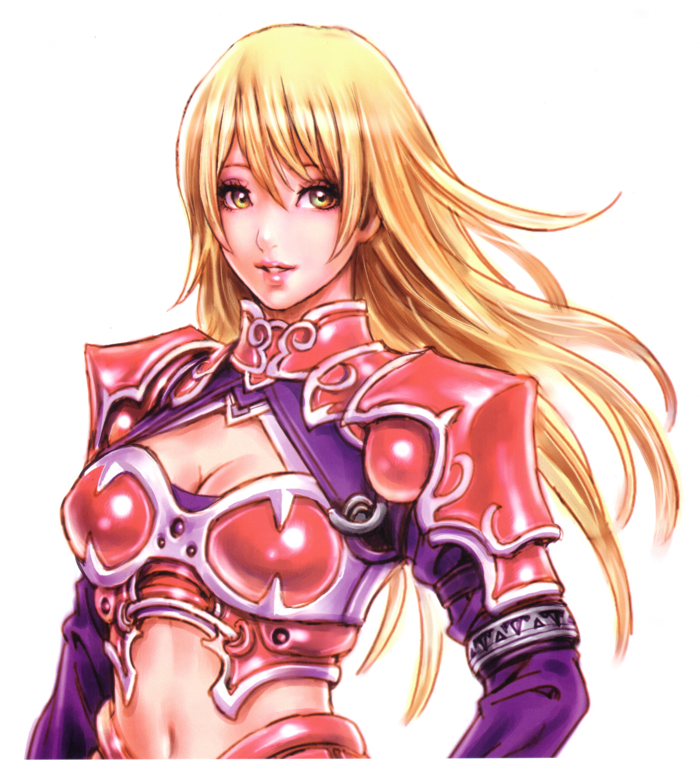 yamashita shun'ya, muse elf, mu online, wild flower, absurdres, highres, non-web source, scan, 1girl, armlet, armor, bikini armor, blonde hair, breasts, cleavage, female focus, green eyes, jewelry, lipstick, long hair, makeup, midriff, simple background, smile, solo, turtleneck, yellow eyes