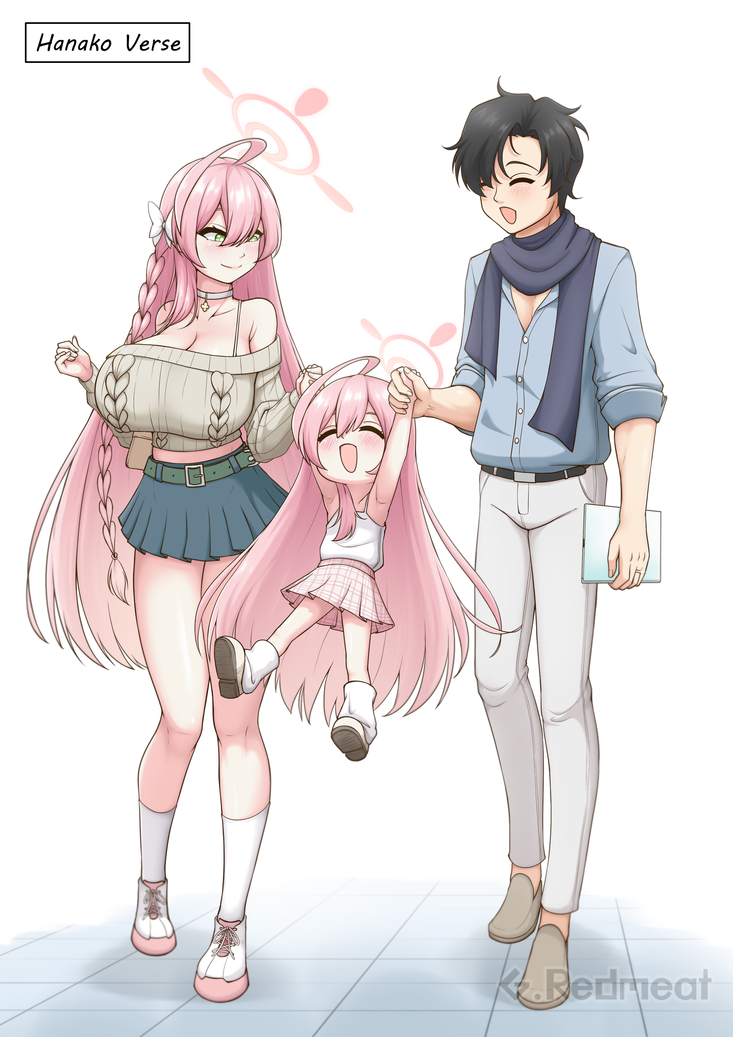 hanako (blue archive), blue archive, 1boy, black hair, father and daughter, mother and daughter, nsei (blue archive)