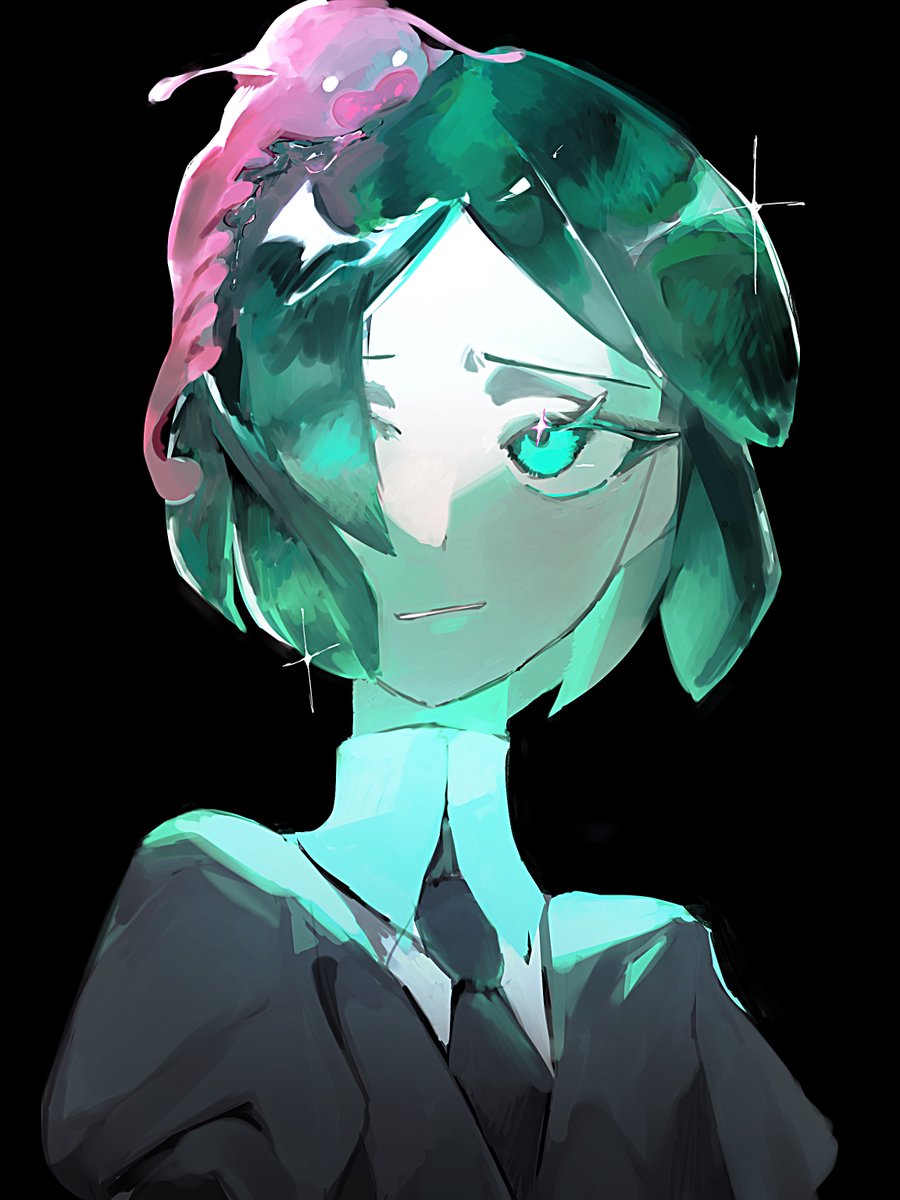phosphophyllite, ventricosus, houseki no kuni, artist request, highres, 1other, androgynous, black jacket, black necktie, colored skin, gem uniform (houseki no kuni), green eyes, green hair, jacket, light smile, looking at another, necktie, puffy short sleeves, puffy sleeves, sea slug, shirt, short hair, short sleeves, white shirt