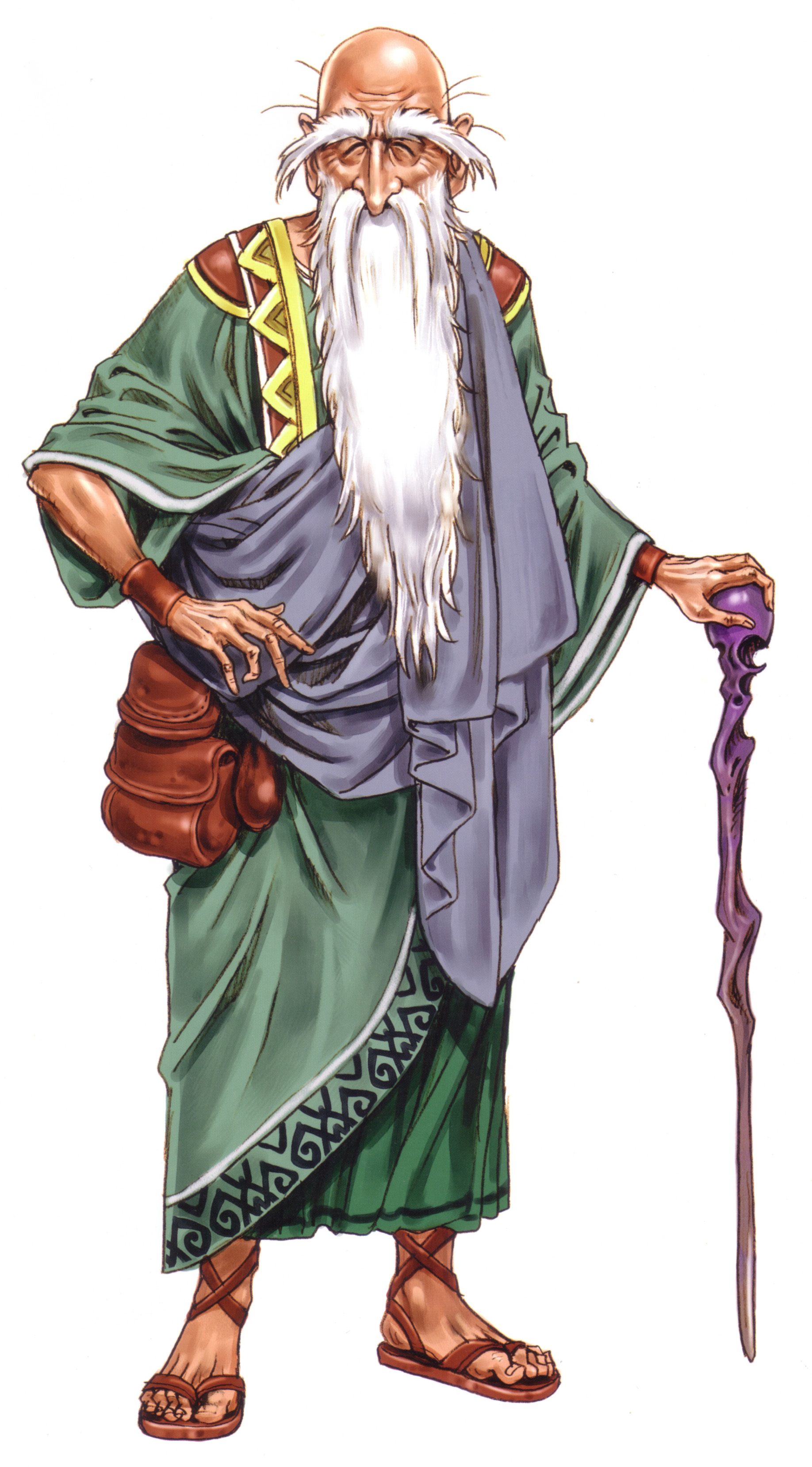 yamashita shun'ya, wild flower, absurdres, highres, non-web source, 1boy, ^ ^, beard, bracer, brown sandals, closed eyes, covered mouth, facial hair, full body, green robe, grey shawl, hand on own hip, male focus, old, old man, robe, sandals, shawl, simple background, solo, standing, thick eyebrows, white background, white facial hair