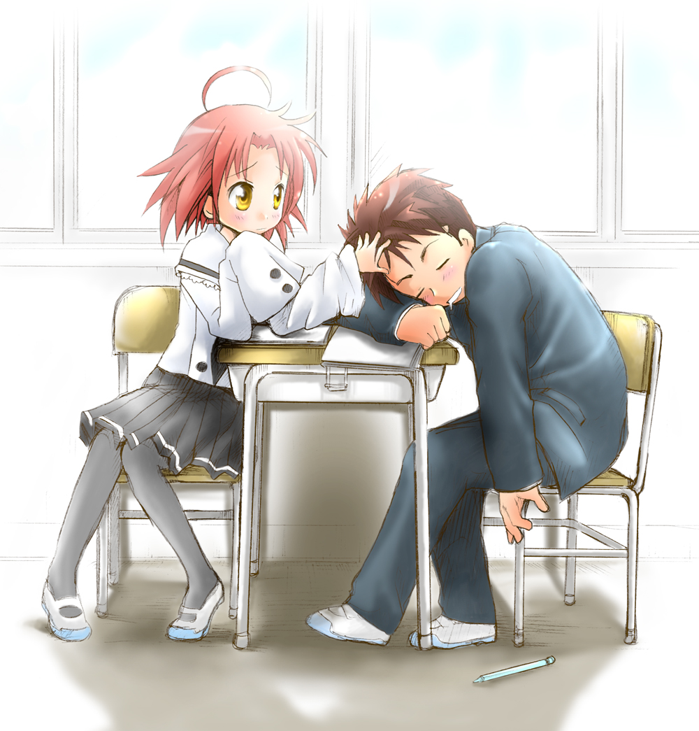 ubizo, kogami akira, shiraishi minoru, lucky star, 00s, 1boy, 1girl, pantyhose, school uniform, serafuku, sleeping