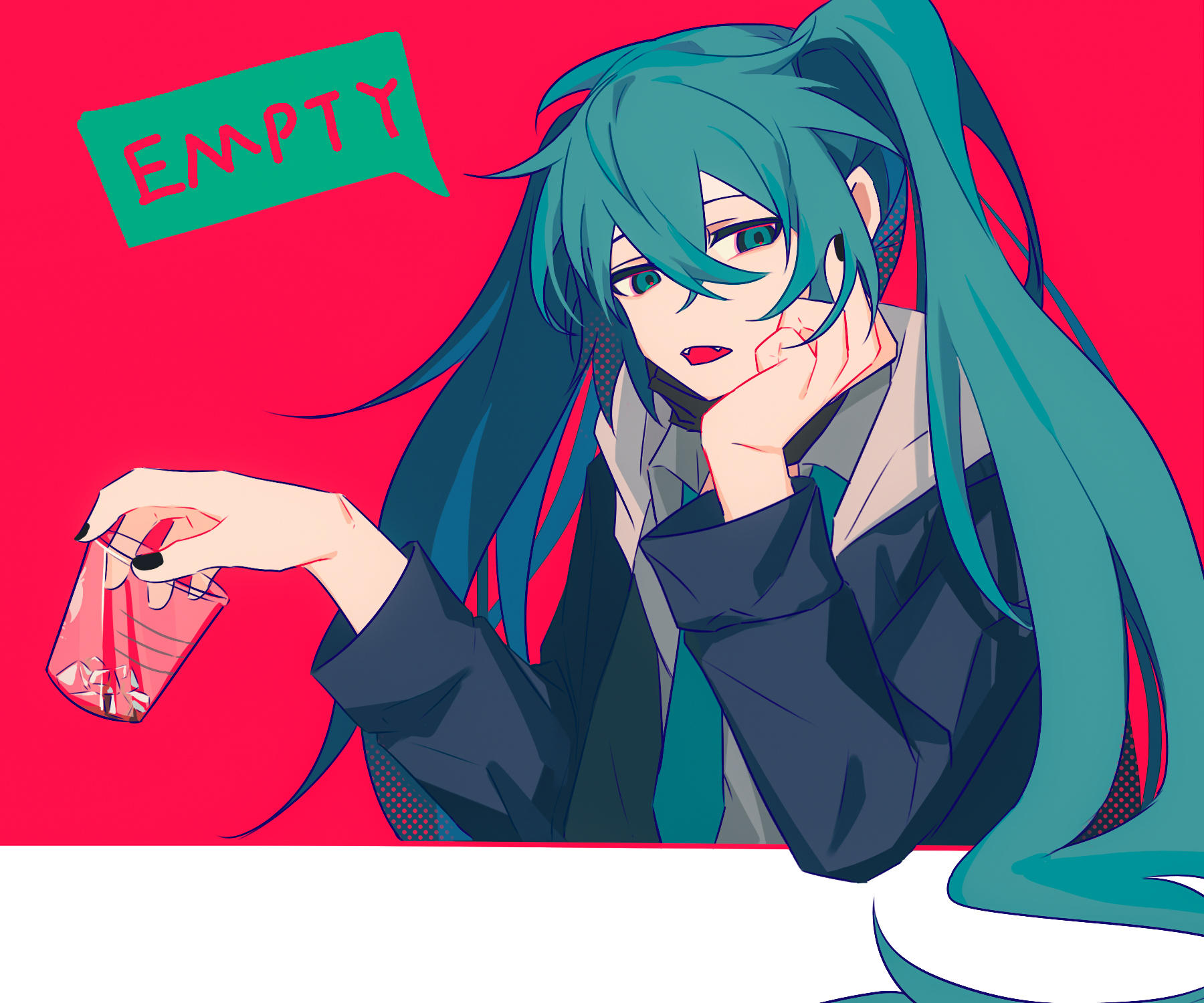 ximuye, hatsune miku, vocaloid, chinese commentary, commentary request, highres, partial commentary, 1girl, aqua eyes, aqua hair, aqua necktie, black jacket, black mask, black nails, collared shirt, crossed bangs, cup, double-parted bangs, english text, fangs, frown, grey hood, grey shirt, hair between eyes, halftone, hand on own cheek, hand on own face, holding, holding cup, hood, hood down, hooded jacket, ice, ice cube, jacket, long hair, long sleeves, looking at viewer, mask, mask pull, middle finger, mouth mask, nail polish, necktie, open clothes, open jacket, open mouth, puffy long sleeves, puffy sleeves, red background, shirt, simple background, solo, speech bubble, twintails, upper body, very long hair