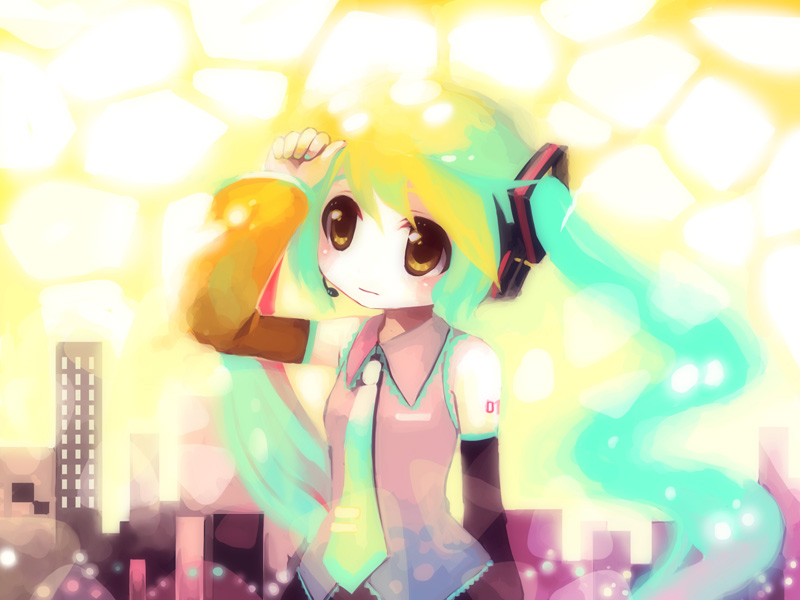 nishiki koi, hatsune miku, vocaloid, 1girl, alternate eye color, arm at side, blurry, blush, bokeh, building, city, closed mouth, collared shirt, depth of field, detached sleeves, female focus, grey shirt, hair ornament, hand on own head, headphones, headset, long hair, microphone, necktie, outdoors, shirt, skirt, solo, tattoo, twintails, upper body, very long hair, yellow eyes