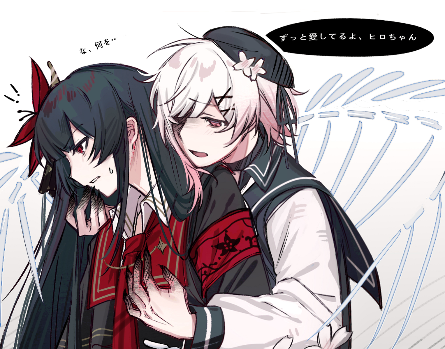 nikaidou hiro, sakuraba ema, mahou shoujo no majo saiban, highres, spoilers, translation request, 2girls, armband, beret, black hair, black shirt, colored extremities, flower, gradient hair, hair flower, hair ornament, hat, heihuamu1, hug, hug from behind, long hair, long sleeves, looking at another, looking to the side, magical girl, multicolored hair, multiple girls, necktie, open mouth, pink eyes, pink hair, profile, red armband, red eyes, red flower, red necktie, shirt, short hair, skeletal wings, smile, speech bubble, sweatdrop, upper body, white background, white flower, white hair, wings, x hair ornament