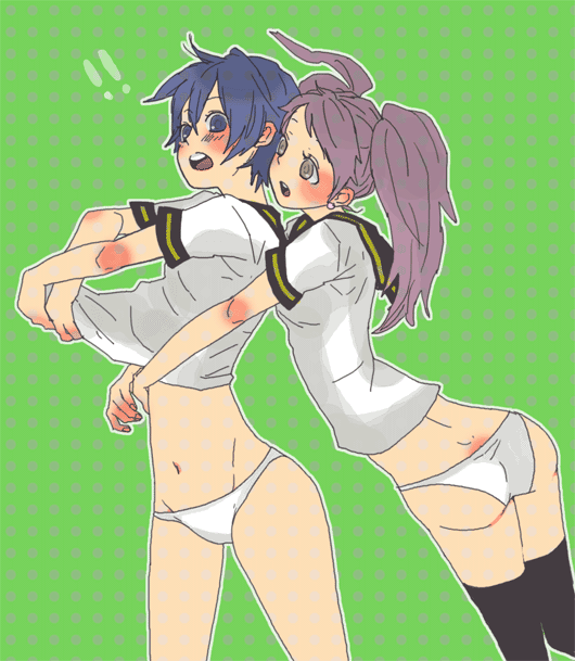 ten, ten (ch), kujikawa rise, shirogane naoto, atlus, persona, persona 4, bad id, bad pixiv id, 2girls, ass, blue hair, blush, bottomless, clothes lift, hug, long hair, multiple girls, no pants, panties, pink hair, purple hair, shirt lift, short hair, surprised, thighhighs, twintails, underwear, undressing, white panties, yuri