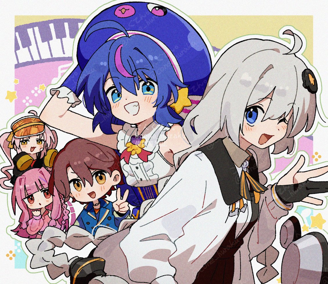 corn kuten, kizuna akari, kotonoha akane, otomachi una, vocaloid, voiceroid, character request, commentary request, 5girls, :d, :o, ahoge, bare shoulders, blue eyes, blue hair, blue hat, blue jacket, blunt bangs, blush, border, brown hair, dress, eel hat, grey hair, grin, hair between eyes, hat, jacket, long hair, looking at viewer, multiple girls, open mouth, orange hat, outline, outside border, pink hair, pink shirt, red eyes, shirt, short hair, sleeveless, sleeveless shirt, sleeves past fingers, sleeves past wrists, smile, twintails, white border, white dress, white outline, white shirt, wrist cuffs, yellow eyes