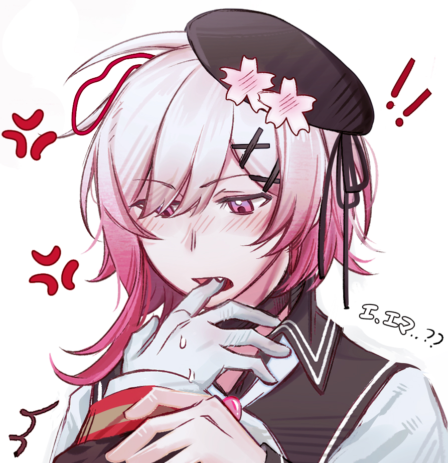 nikaidou hiro, sakuraba ema, mahou shoujo no majo saiban, chinese commentary, commentary request, translation request, !, !!, 2girls, anger vein, angry, animal ears, beret, biting another's finger, black hat, blush, character name, dog ears, drawn ears, fang, flower, gloves, gradient hair, hair ornament, hand in another's mouth, hat, heihuamu1, magical girl, multicolored hair, multiple girls, open mouth, out of frame, pink eyes, pink hair, short hair, simple background, solo focus, sweatdrop, upper body, white background, white flower, white gloves, white hair, x hair ornament