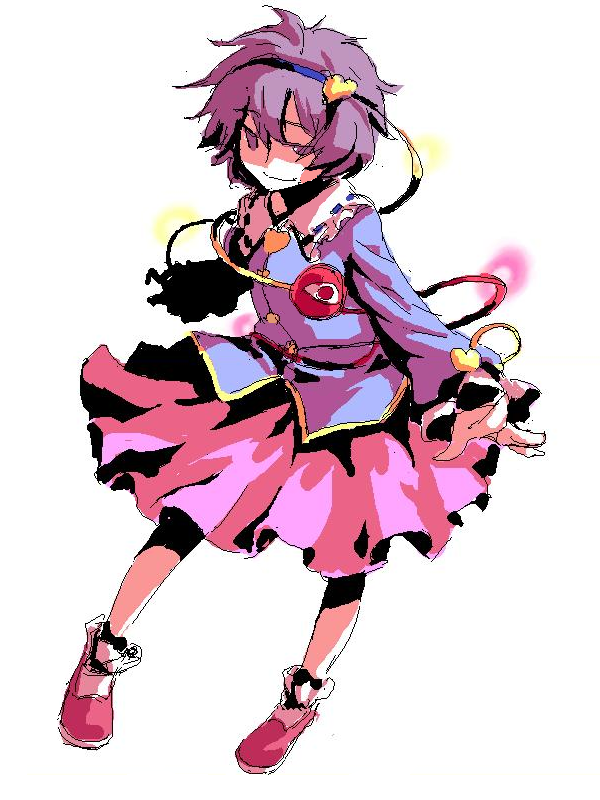 kumadano, komeiji satori, touhou, bad id, bad pixiv id, jpeg artifacts, 1girl, female focus, full body, purple eyes, purple hair, short hair, simple background, solo, third eye