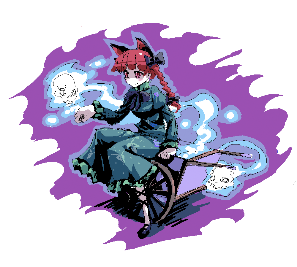 kumadano, kaenbyou rin, touhou, bad id, bad pixiv id, 1girl, animal ears, bow, braid, cat ears, cat girl, extra ears, female focus, floating skull, hair bow, leg ribbon, oekaki, paw pose, red hair, ribbon, sitting, sitting on object, smile, solo, twin braids, twintails, wheelbarrow