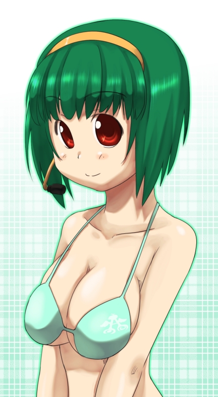 ttomm, otonashi kotori, idolmaster, idolmaster (classic), idolmaster 1, 00s, 1girl, aqua bikini, bikini, female focus, green hair, hairband, headset, red eyes, short hair, smile, solo, swimsuit