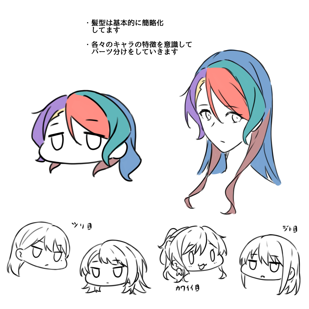 kanade (kanade 3344), hikawa sayo, imai lisa, minato yukina, shiina taki, yahata umiri, bang dream!, bang dream! it's mygo!!!!!, commentary request, highres, translation request, 5girls, blush, chibi, closed mouth, hair between eyes, half updo, long hair, mole, multicolored hair, multiple girls, open mouth, partially colored, simple background, white background