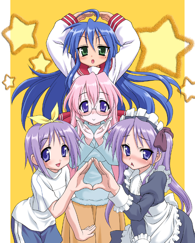peter (artist), hiiragi kagami, hiiragi tsukasa, izumi konata, takara miyuki, lucky star, 00s, 4girls, :>, :<, ahoge, alternate costume, blush, casual, enmaided, gym uniform, maid, mole, mole under eye, multiple girls, school uniform, serafuku, triangle mouth
