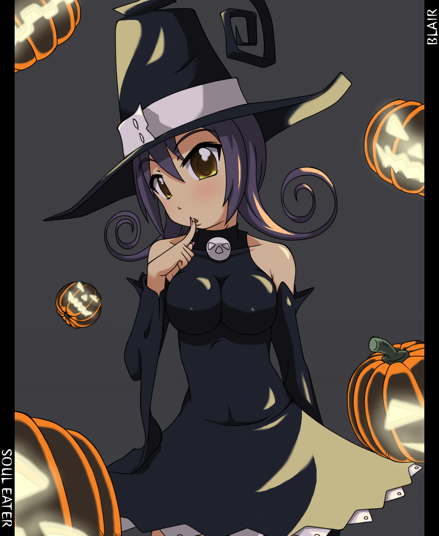 k10k, blair (soul eater), soul eater, 00s, curly hair, hat, jack-o'-lantern, pumpkin, purple hair, solo, witch, witch hat, yellow eyes