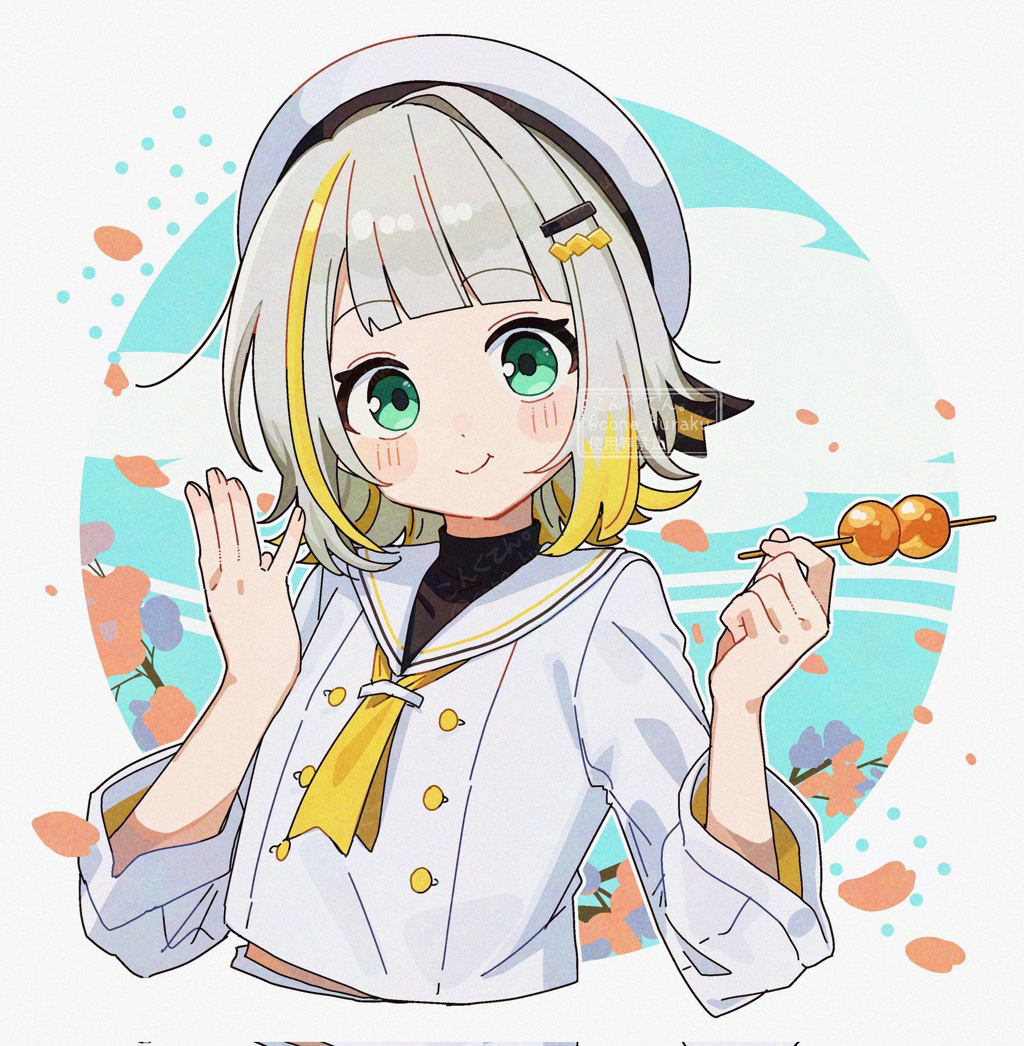 corn kuten, tsunose kotone, tsunose kotone (tsubomi), a.i. voice, commentary request, highres, 1girl, blonde hair, blunt bangs, blush stickers, border, closed mouth, cropped torso, dango, food, grey hair, hands up, hat, holding, holding food, long sleeves, looking at viewer, multicolored hair, necktie, outline, outside border, round border, sailor collar, shirt, smile, solo, streaked hair, two-tone hair, wagashi, watermark, white border, white hat, white outline, white sailor collar, white shirt, yellow necktie