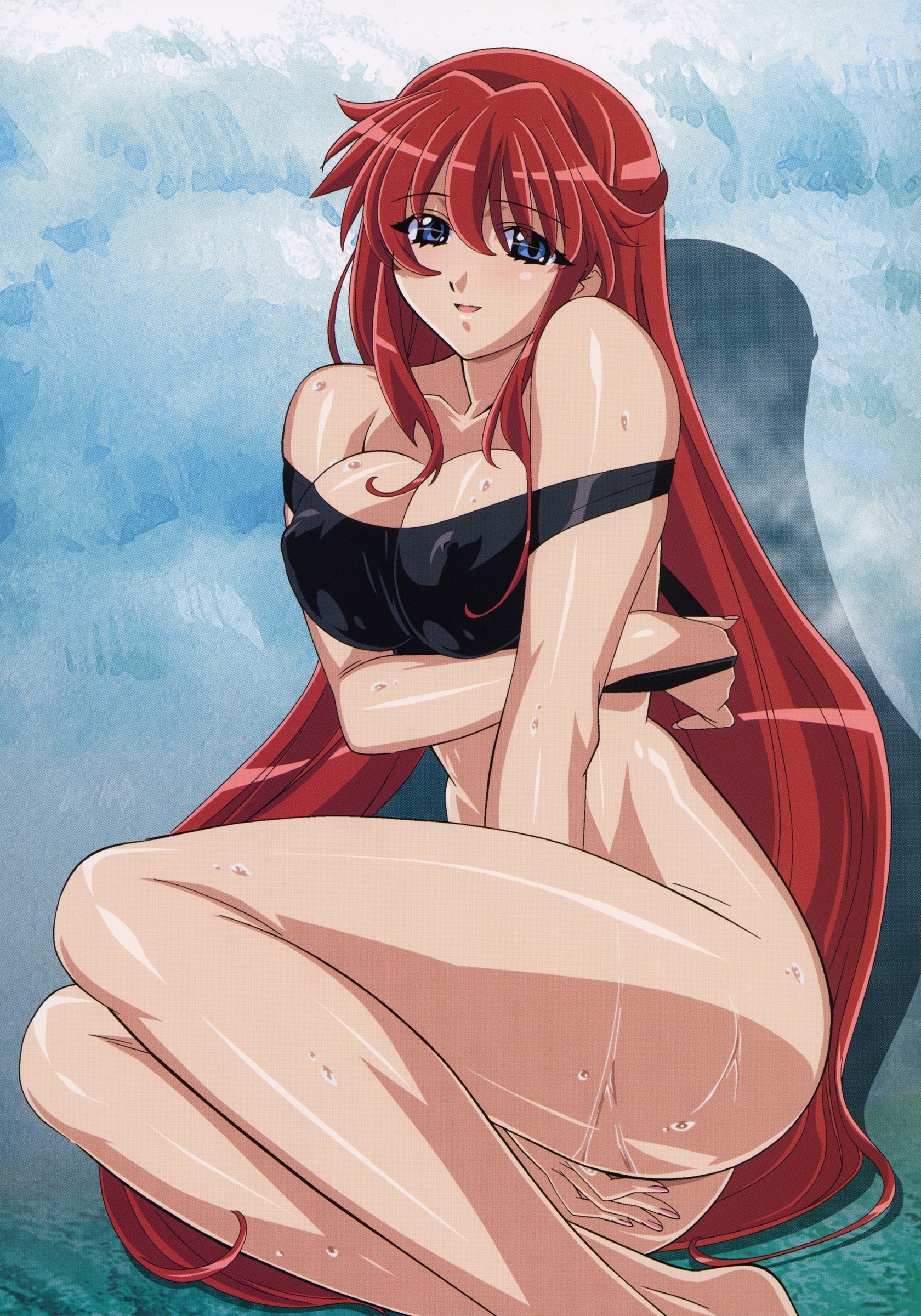 kuroda kazuya, dita liebely, vandread, breast hold, absurdres, duplicate, highres, 00s, 1girl, ass, blue eyes, blush, bottomless, breasts, cleavage, covering privates, female focus, female masturbation, large breasts, legs, long hair, looking at viewer, masturbation, nail polish, nipples, open mouth, red hair, sexually suggestive, shadow, sitting, smile, solo, strap slip, sweat, tank top, thighs, very long hair, wet