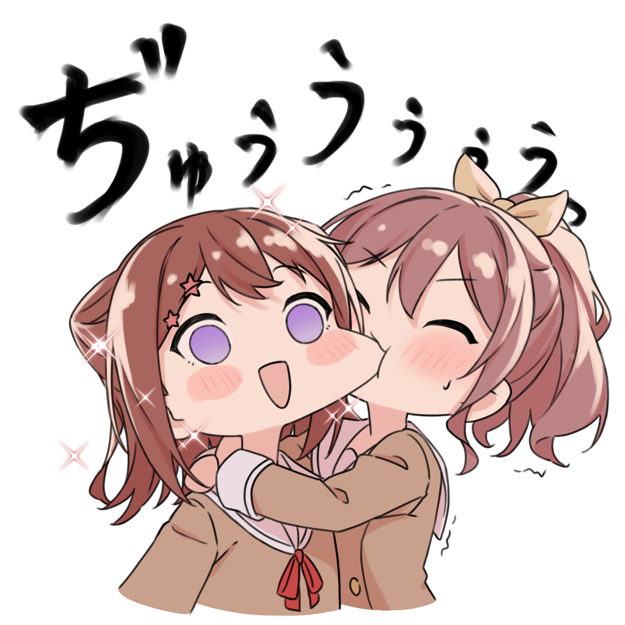 kanade (kanade 3344), toyama kasumi, yamabuki saya, bang dream!, commentary request, highres, 2girls, biting, biting cheek, blush, brown dress, brown hair, chibi, closed eyes, cone hair bun, dress, hair bun, hair ornament, half updo, hanasakigawa school uniform, long sleeves, medium hair, multiple girls, open mouth, purple eyes, red ribbon, ribbon, sailor dress, school uniform, simple background, sparkle, star (symbol), star hair ornament, white background