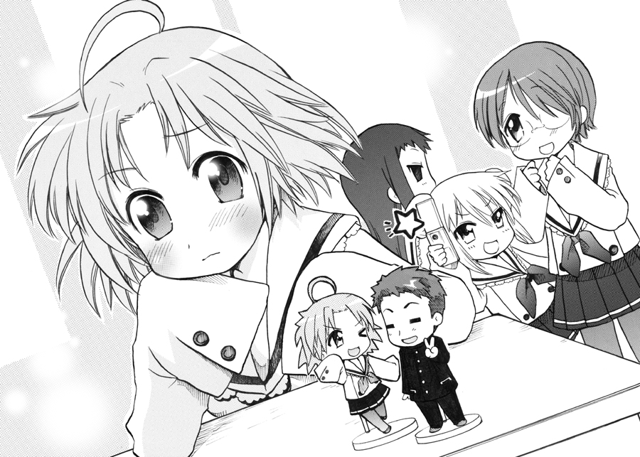ubizo, kogami akira, nakatani akuru, ohara madoka, otonashi rinko, shiraishi minoru, lucky star, 00s, 1boy, 4girls, blush, figure, greyscale, monochrome, multiple girls, pantyhose, school uniform, serafuku