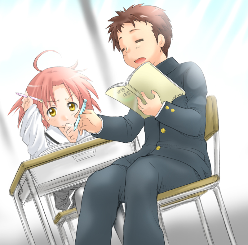 ubizo, kogami akira, shiraishi minoru, lucky star, 00s, pantyhose, school uniform, serafuku, studying