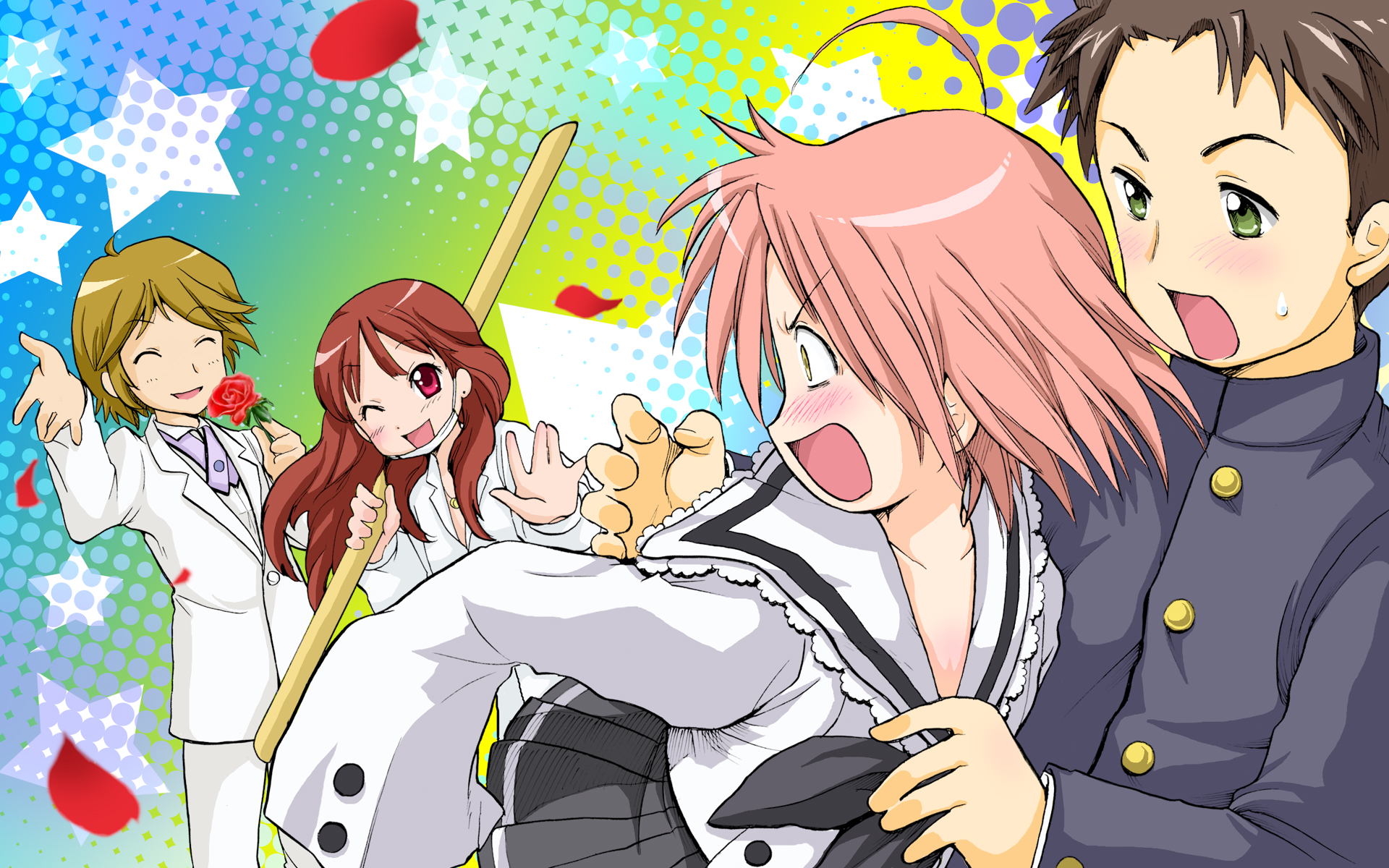 ubizo, gotou yuuko, gotouza, gottouza, kogami akira, ono daisuke, shiraishi minoru, lucky star, highres, 00s, 2boys, 2girls, black hair, blush, bokken, bousouzoku, brown hair, coat, delinquent, green eyes, long hair, multiple boys, multiple girls, one eye closed, open mouth, oversized clothes, pink hair, red eyes, school uniform, serafuku, short hair, sword, tokkoufuku, weapon, wink, wooden sword