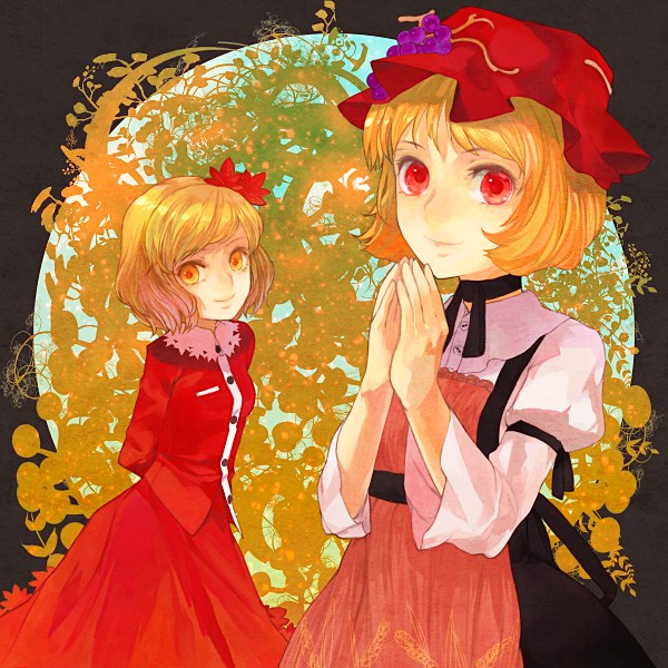 xero, aki minoriko, aki shizuha, touhou, 2girls, female focus, hair ornament, leaf hair ornament, multiple girls, siblings, sisters