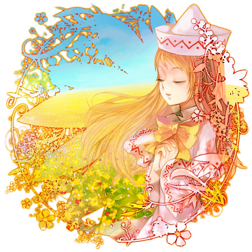 xero, lily white, touhou, 1girl, :d, bow, bowtie, day, dress, female focus, field, grass, hat, long sleeves, open mouth, parted lips, plant, smile, solo, tate eboshi, upper body, white dress, yellow bow, yellow bowtie