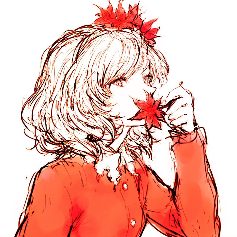 egawa satsuki, aki shizuha, touhou, 1girl, female focus, hair ornament, leaf, leaf hair ornament, monochrome, sketch, smelling, solo