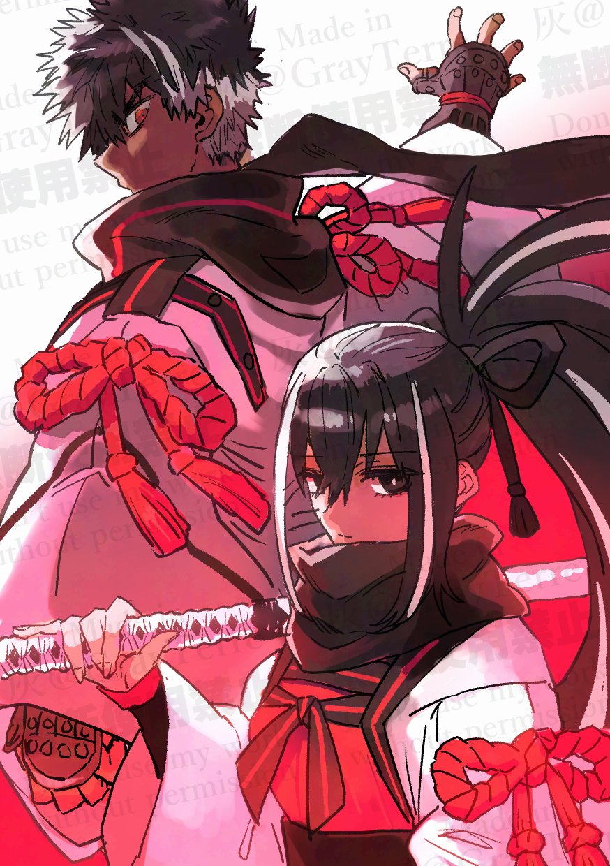 grayterre, emiya shirou, senji muramasa (fate), senji muramasa (second ascension) (fate), fate/grand order, fate (series), highres, 1boy, 1girl, black eyes, black hair, holding, holding sword, holding weapon, japanese clothes, kawakami gensai (fate), long hair, looking at viewer, multicolored hair, ponytail, short hair, sword, weapon, white hair
