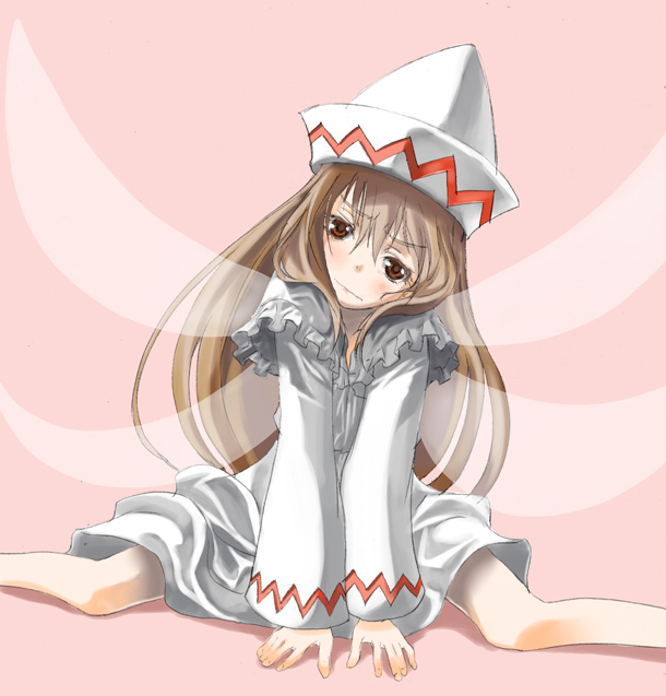yohane, lily white, touhou, 1girl, dress, fairy, fairy wings, female focus, hat, long sleeves, pink background, simple background, sitting, solo, spread legs, tate eboshi, white dress, wings