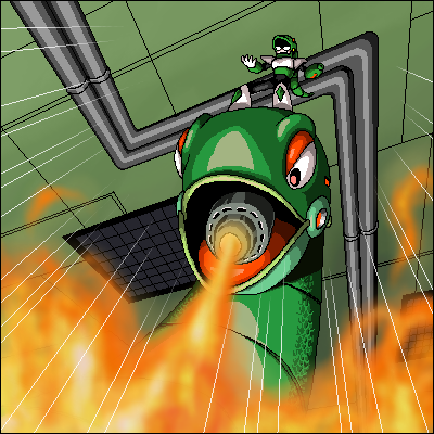 snake man, capcom, mega man (classic), mega man 3, 1boy, arm cannon, fire, giant snake, joints, no humans, open mouth, oversized animal, robot, robot joints, snake, weapon