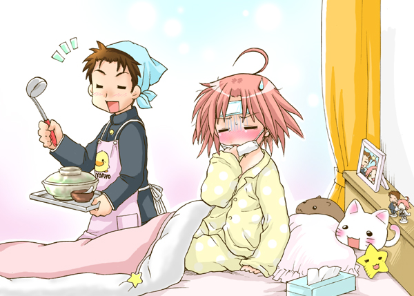 ubizo, kogami akira, servant, shiraishi minoru, lucky star, 00s, ahoge, apron, bed, cold pack, curtains, ladle, mask, mouth mask, pajamas, pink hair, polka dot, short hair, sick, stuffed animal, stuffed toy, surgical mask