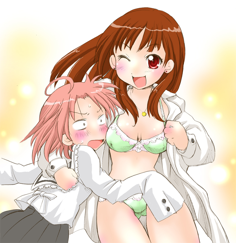 ubizo, gotou yuuko, gotouza, gottouza, kogami akira, lucky star, 00s, 2girls, blush, bousouzoku, bra, coat, delinquent, green bra, green panties, hug, lace, lace-trimmed bra, lace-trimmed panties, lace trim, lingerie, looking at viewer, multiple girls, one eye closed, panties, sarashi, school uniform, serafuku, tokkoufuku, underwear, wink