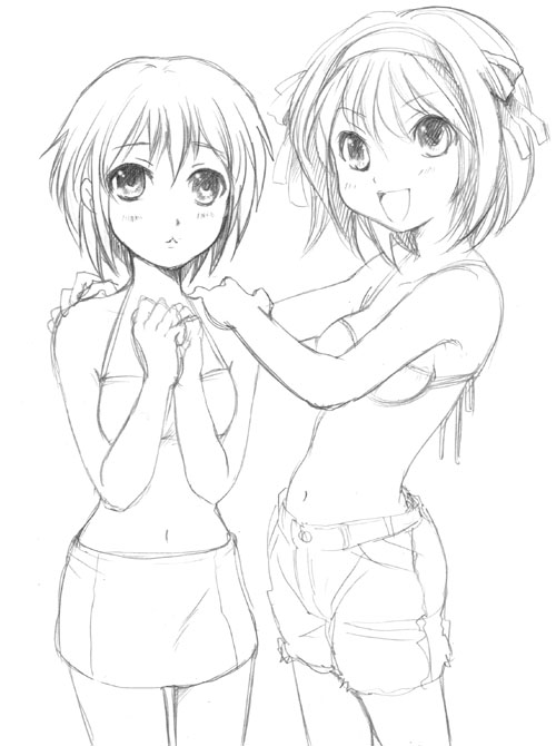 ubizo, nagato yuki, suzumiya haruhi, suzumiya haruhi no yuuutsu, bad id, bad pixiv id, traditional media, 00s, denim, denim shorts, greyscale, miniskirt, monochrome, shorts, sketch, skirt