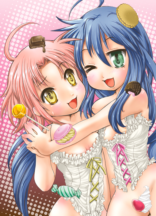 ubizo, izumi konata, kogami akira, lucky star, bad id, bad pixiv id, 00s, 2girls, blue hair, bottomless, corset, food, green eyes, loli, mole, mole under eye, multiple girls, pink hair, sweets, yellow eyes, yuri