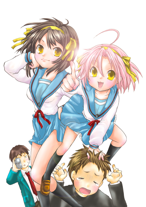 ubizo, kogami akira, kyon, shiraishi minoru, suzumiya haruhi, lucky star, suzumiya haruhi no yuuutsu, 00s, 2boys, 2girls, camcorder, crossover, multiple boys, multiple girls, pointing, school uniform, serafuku, video camera