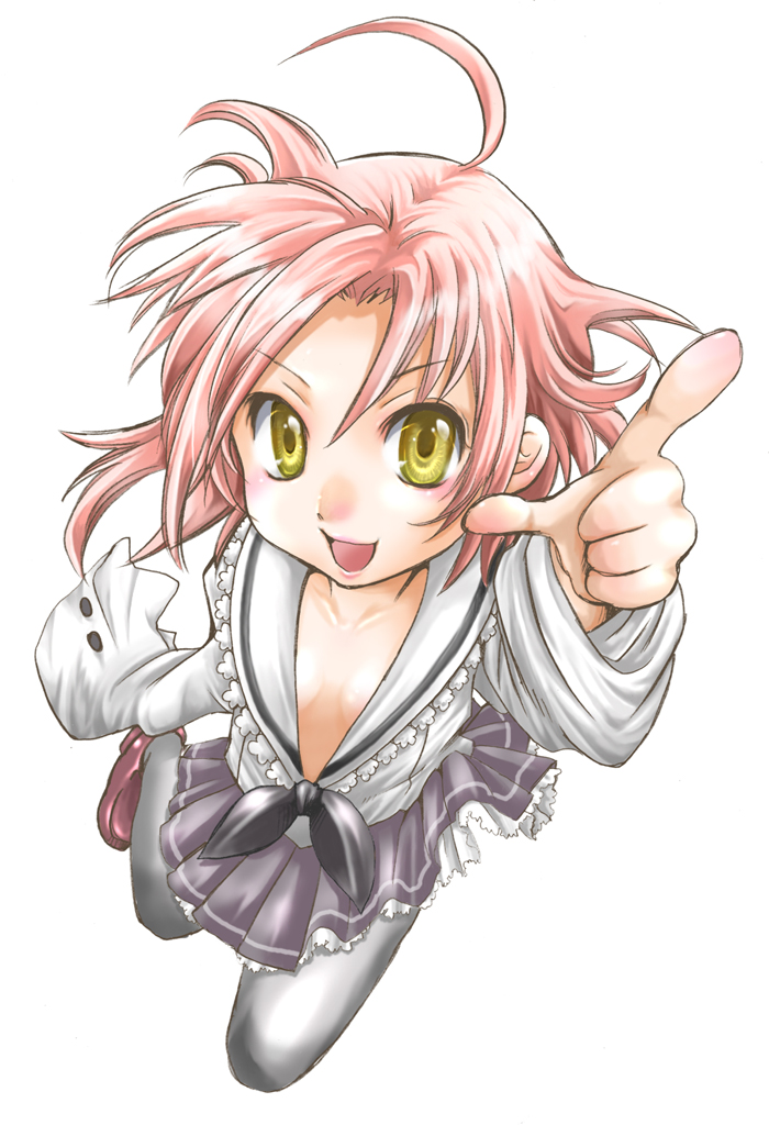 ubizo, kogami akira, lucky star, bad id, bad pixiv id, 00s, 1girl, ahoge, downblouse, female focus, long sleeves, open mouth, oversized clothes, pantyhose, pink hair, pointing, school uniform, serafuku, simple background, sleeves past wrists, smile, solo, white background, yellow eyes