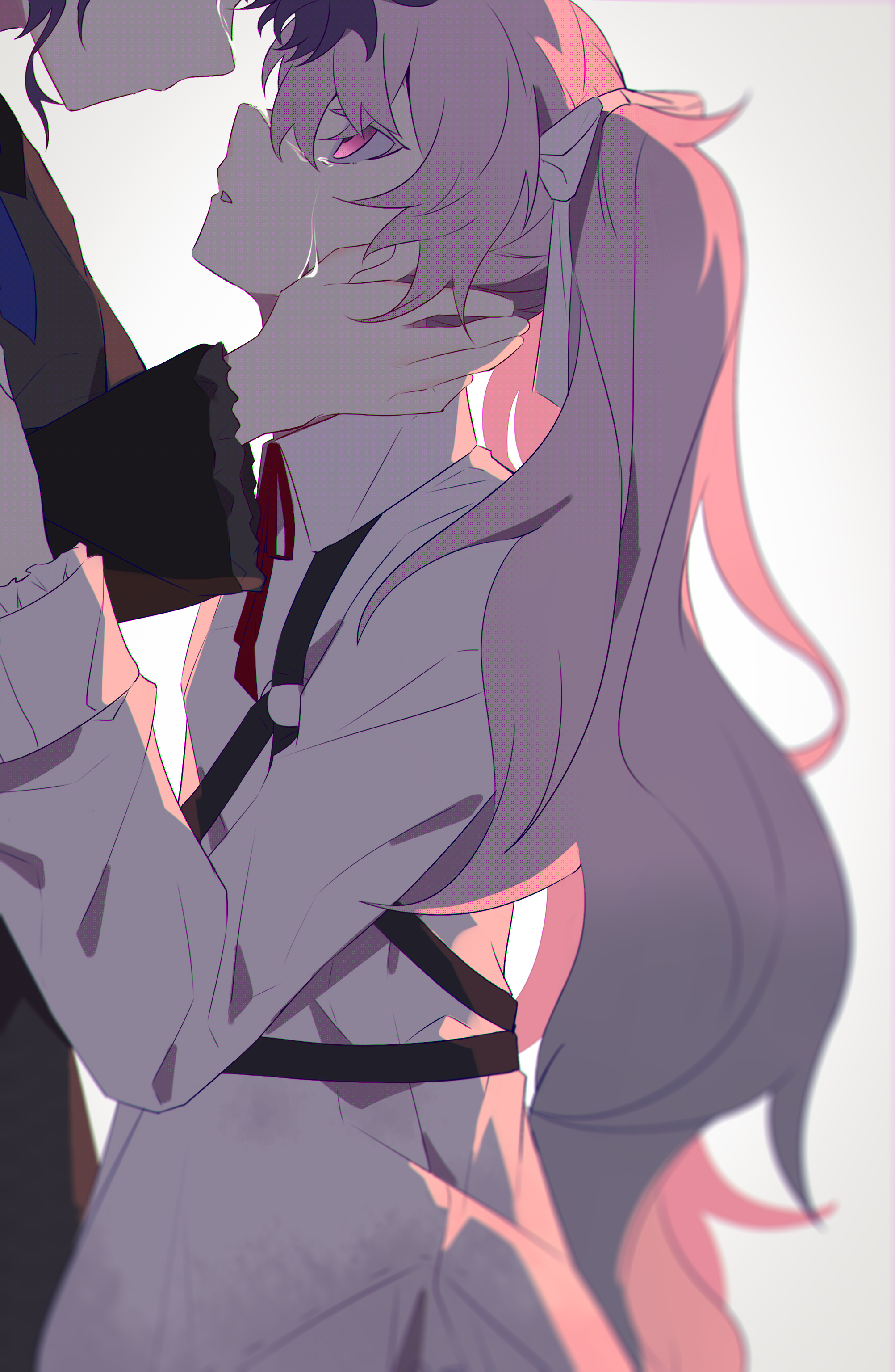 ximuye, 25-ji miku, asahina mafuyu, hatsune miku, project sekai, vocaloid, absurdres, chinese commentary, commentary, highres, 2girls, backlighting, black dress, bow, collared dress, crying, crying with eyes open, dress, frilled sleeves, frills, from side, grey background, hair bow, hands on another's cheeks, hands on another's face, long sleeves, looking at another, looking up, multiple girls, neck ribbon, parted lips, pink eyes, pink hair, profile, purple hair, red ribbon, ribbon, simple background, solo focus, tears, twintails, upper body, vignetting, white bow, white dress, yuri