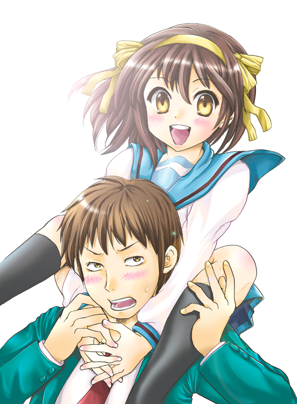 ubizo, kyon, suzumiya haruhi, suzumiya haruhi no yuuutsu, 00s, kneehighs, school uniform, serafuku, smile, socks